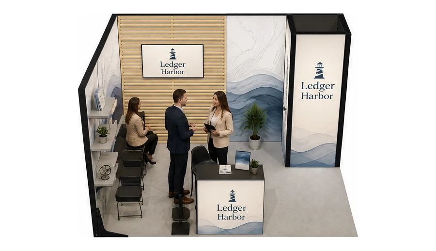 Stoisko 4 × 3 m narożne lewe dla branży usługi finansowe i księgowe, przykładowa marka Ledger Harbor