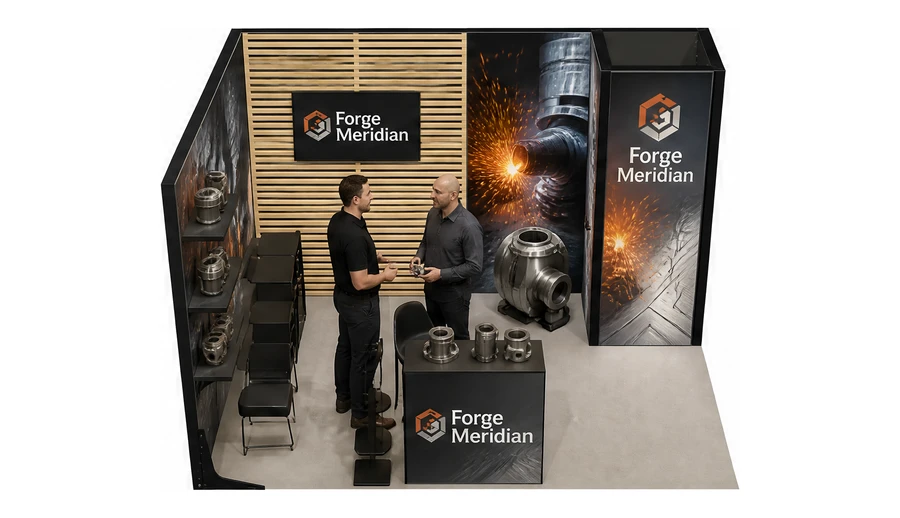 Stoisko 4 × 3 m narożne lewe dla branży obróbka metali i odlewnictwo, przykładowa marka Forge Meridian