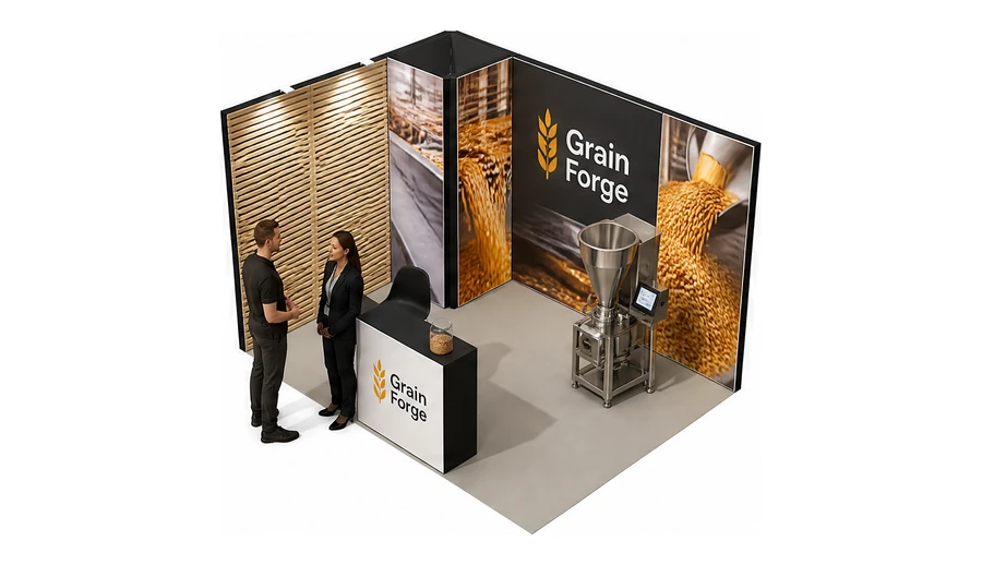 Stoisko 4 × 3 m narożne lewe dla branży technologie spożywcze, przykładowa marka Grain Forge