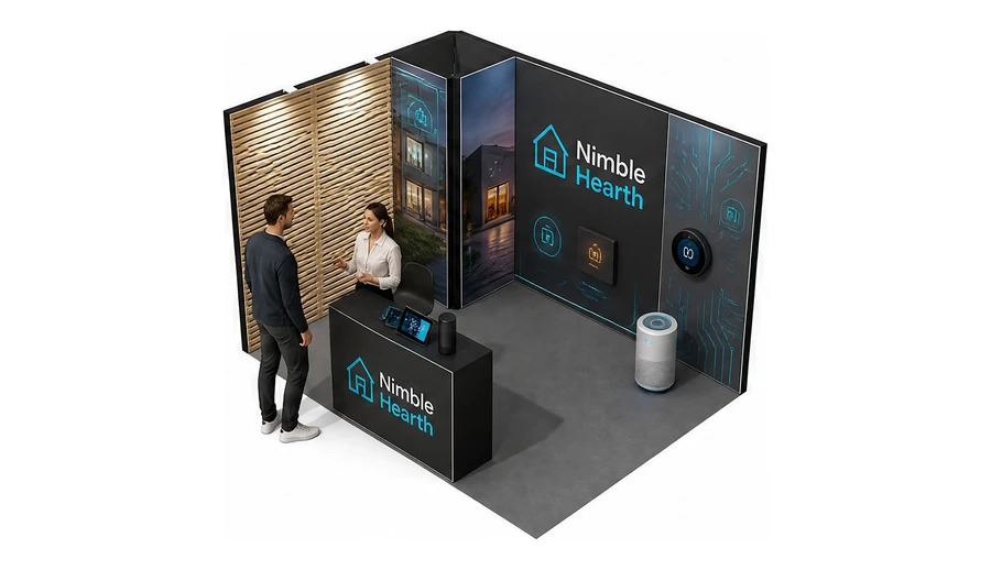 Stoisko 4 × 3 m narożne lewe dla branży smart home i IoT, przykładowa marka Nimble Hearth