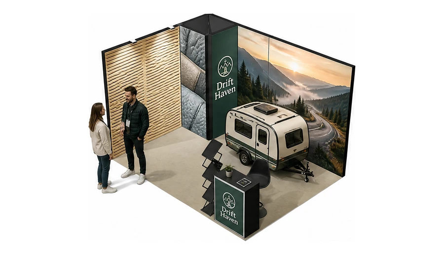 Stoisko 4 × 3 m narożne lewe dla branży caravaning i kampery, przykładowa marka Drift Haven