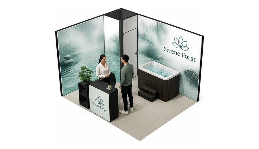 Stoisko 4 × 3 m narożne lewe dla branży spa i wellness, przykładowa marka Serene Forge
