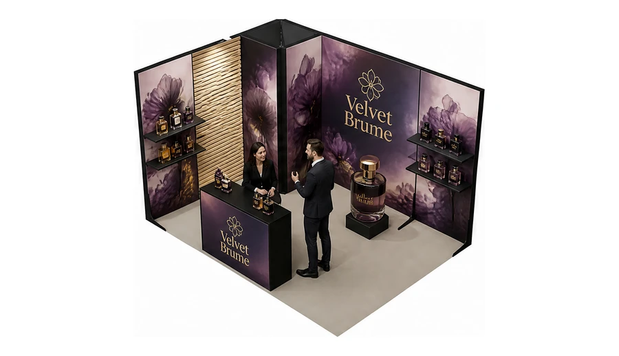 Stoisko 4 × 3 m narożne lewe dla branży perfumy, przykładowa marka Velvet Brume