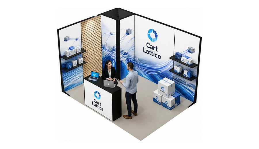 Stoisko 4 × 3 m narożne lewe dla branży e-commerce, przykładowa marka Cart Lattice