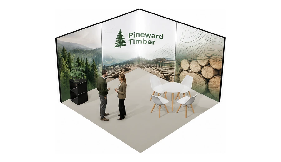 Stoisko 4 × 4 m narożne lewe dla branży leśnictwo i przemysł drzewny, przykładowa marka Pineward Timber