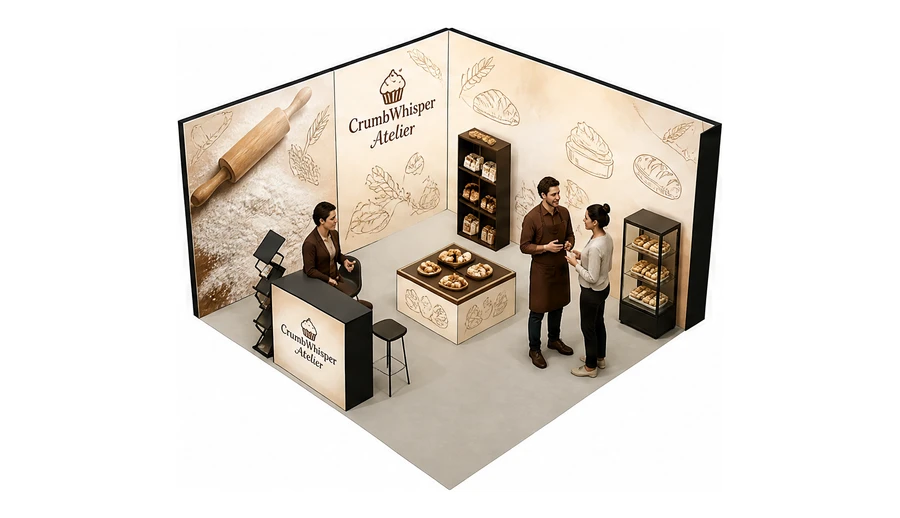 Stoisko 4 × 4 m narożne lewe dla branży piekarnictwo i cukiernictwo, przykładowa marka CrumbWhisper Atelier