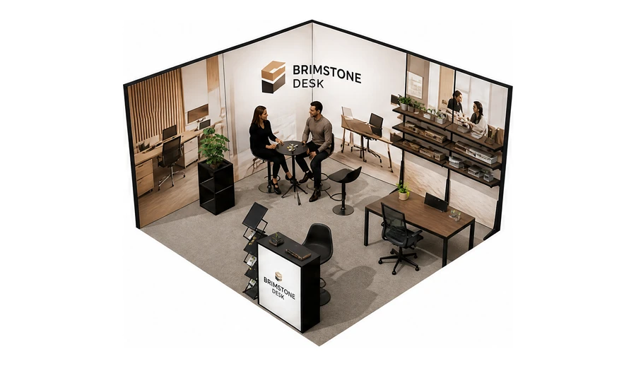 Stoisko 4 × 4 m narożne lewe dla branży meble biurowe, przykładowa marka Brimstone Desk