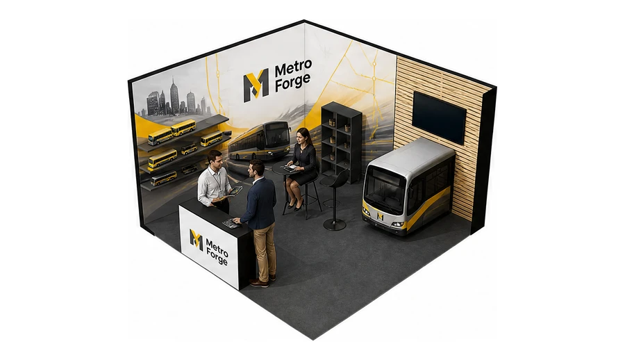 Stoisko 4 × 4 m narożne lewe dla branży autobusy i transport zbiorowy, przykładowa marka Metro Forge