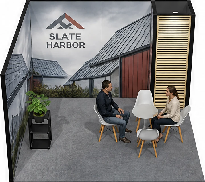 Stoisko 4 × 4 m narożne lewe dla branży dachy i elewacje, przykładowa marka Slate Harbor