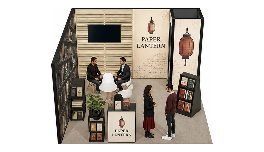 Stoisko 4 × 4 m narożne lewe dla branży wydawnictwa, przykładowa marka Paper Lantern