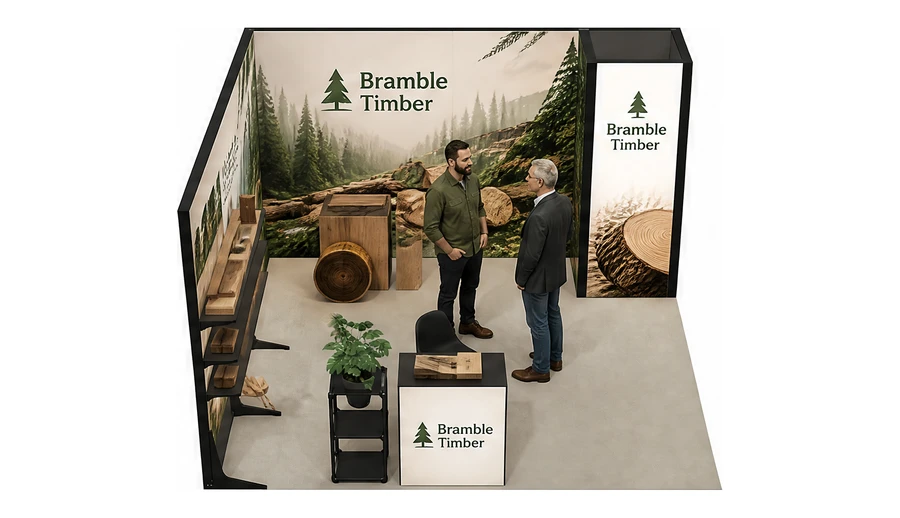 Stoisko 4 × 4 m narożne lewe dla branży leśnictwo i przemysł drzewny, przykładowa marka Bramble Timber