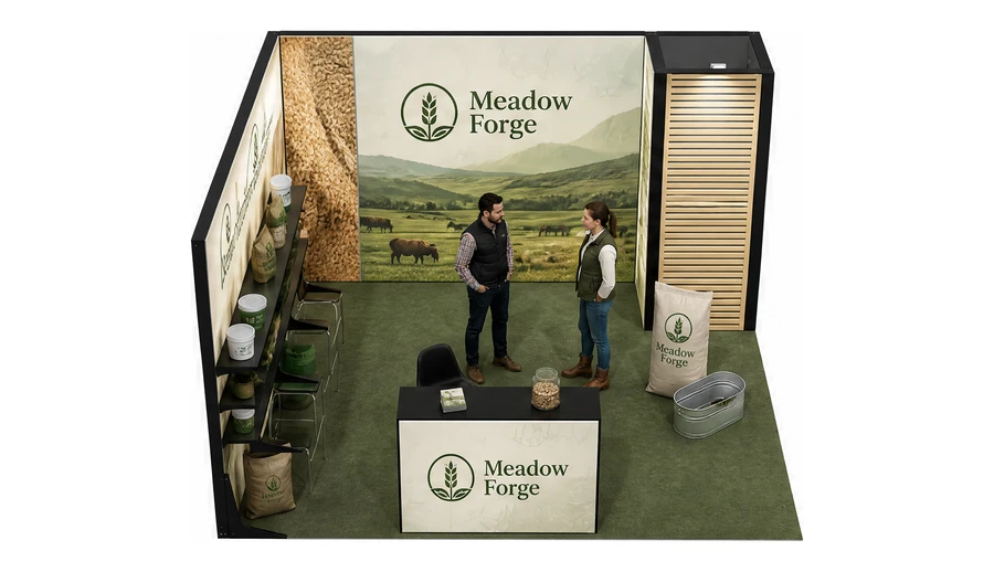 Stoisko 4 × 4 m narożne lewe dla branży hodowla i pasze, przykładowa marka Meadow Forge