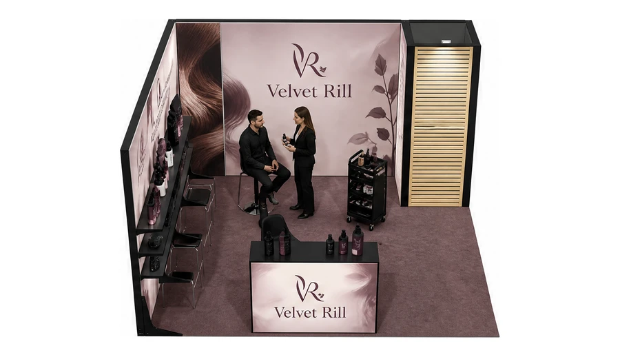 Stoisko 4 × 4 m narożne lewe dla branży fryzjerstwo i salony beauty, przykładowa marka Velvet Rill