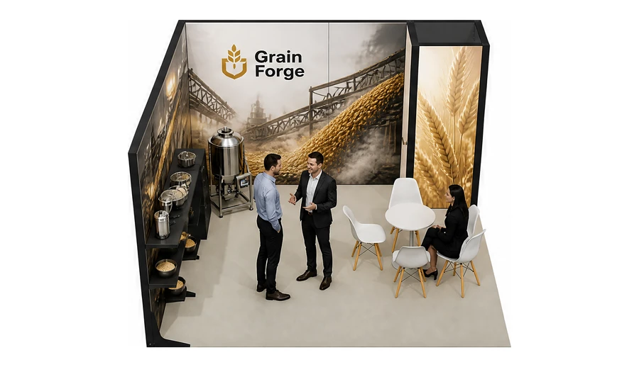 Stoisko 4 × 4 m narożne lewe dla branży technologie spożywcze, przykładowa marka Grain Forge