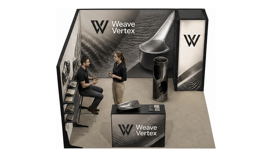 Stoisko 4 × 4 m narożne lewe dla branży materiały kompozytowe, przykładowa marka Weave Vertex