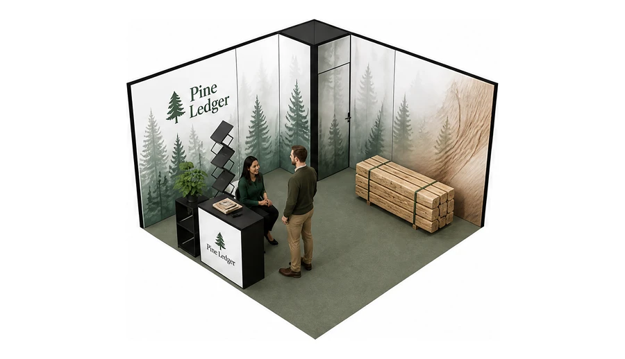 Stoisko 4 × 4 m narożne lewe dla branży leśnictwo i przemysł drzewny, przykładowa marka Pine Ledger