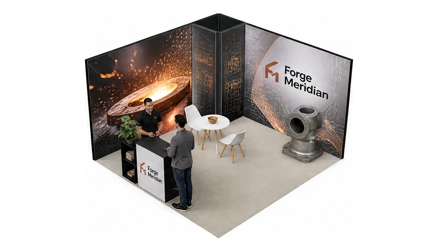 Stoisko 4 × 4 m narożne lewe dla branży obróbka metali i odlewnictwo, przykładowa marka Forge Meridian