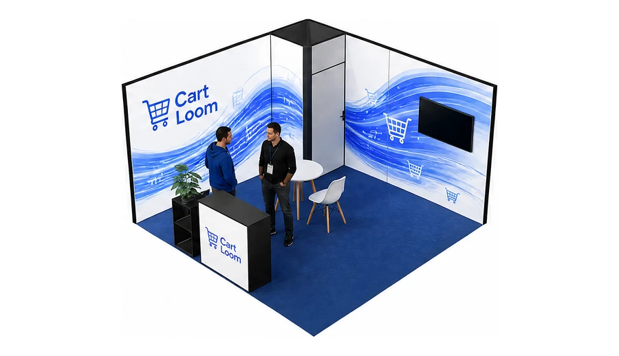 Stoisko 4 × 4 m narożne lewe dla branży e-commerce, przykładowa marka Cart Loom