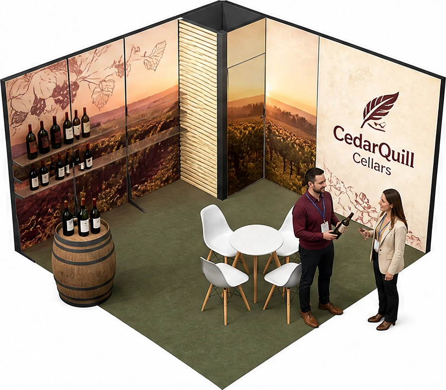 Stoisko 4 × 4 m narożne lewe dla branży winnica, przykładowa marka CedarQuill Cellars