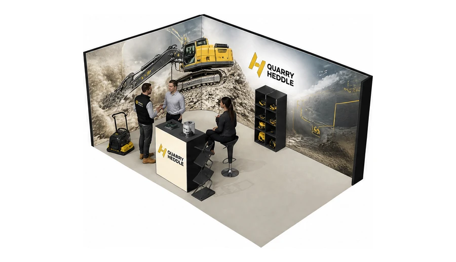 Stoisko 5 × 3 m narożne lewe dla branży maszyny budowlane, przykładowa marka Quarry Heddle