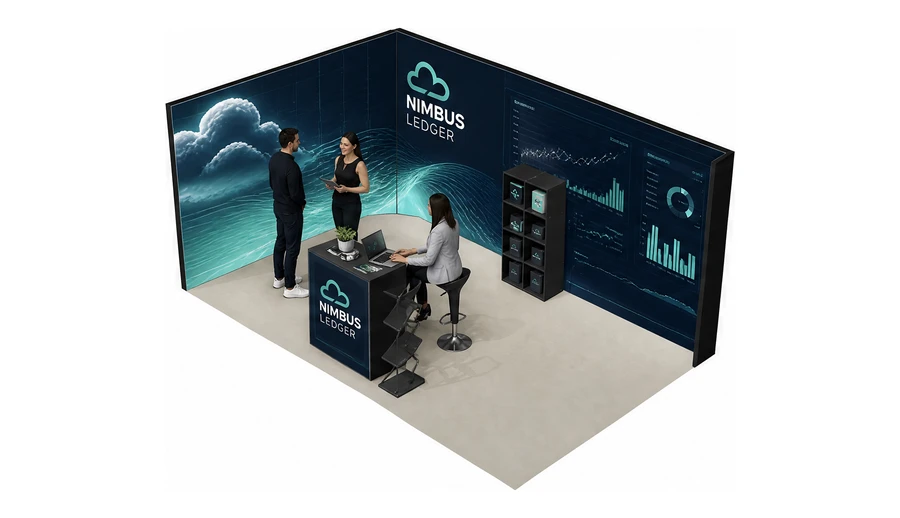 Stoisko 5 × 3 m narożne lewe dla branży oprogramowanie dla firm, przykładowa marka Nimbus Ledger