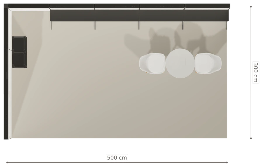 Rzut z góry stoiska stoisko narozne lewe 5x3 m100 led ekspozycyjny xl z0 r2 s0 l0 e0 p0 w2 m0 g0 a4 v2 o3