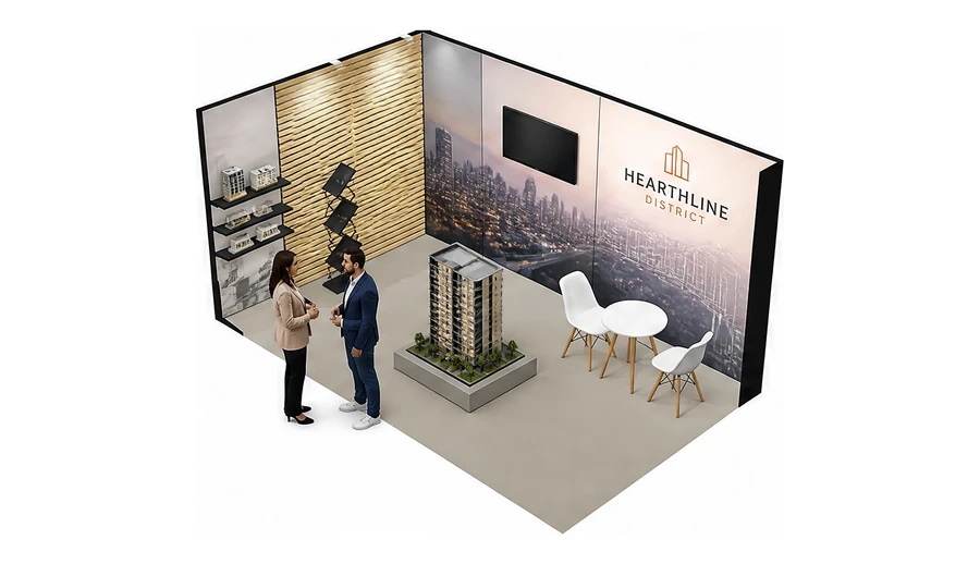 Stoisko 5 × 3 m narożne lewe dla branży deweloperzy i nieruchomości, przykładowa marka Hearthline District