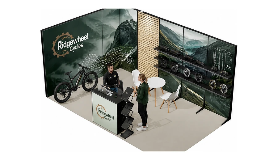 Stoisko 5 × 3 m narożne lewe dla branży rowery elektryczne, przykładowa marka Ridgewheel Cycles