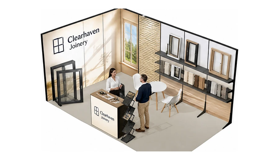 Stoisko 5 × 3 m narożne lewe dla branży okna i drzwi, przykładowa marka Clearhaven Joinery