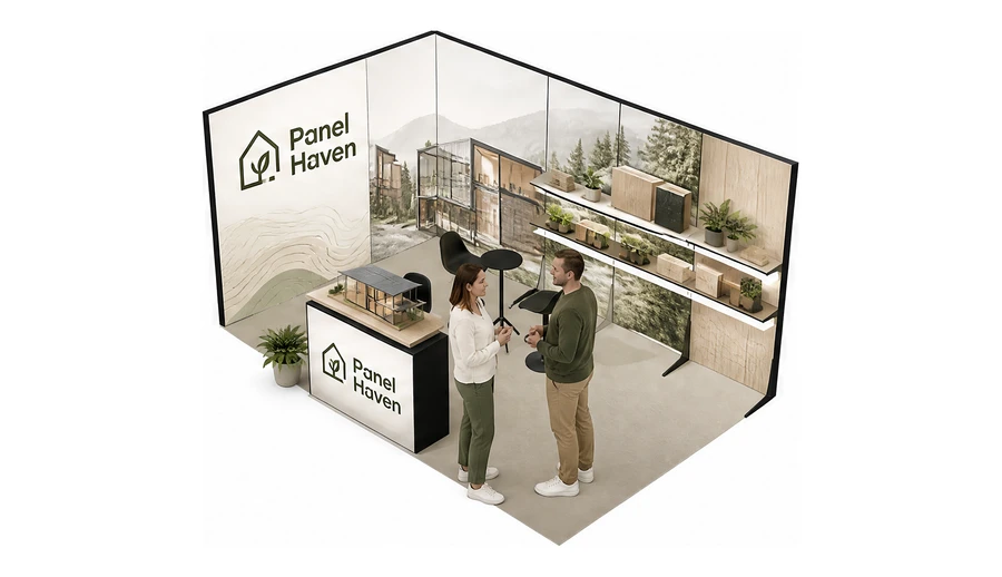 Stoisko 5 × 3 m narożne lewe dla branży domy modułowe i prefabrykacja, przykładowa marka Panel Haven
