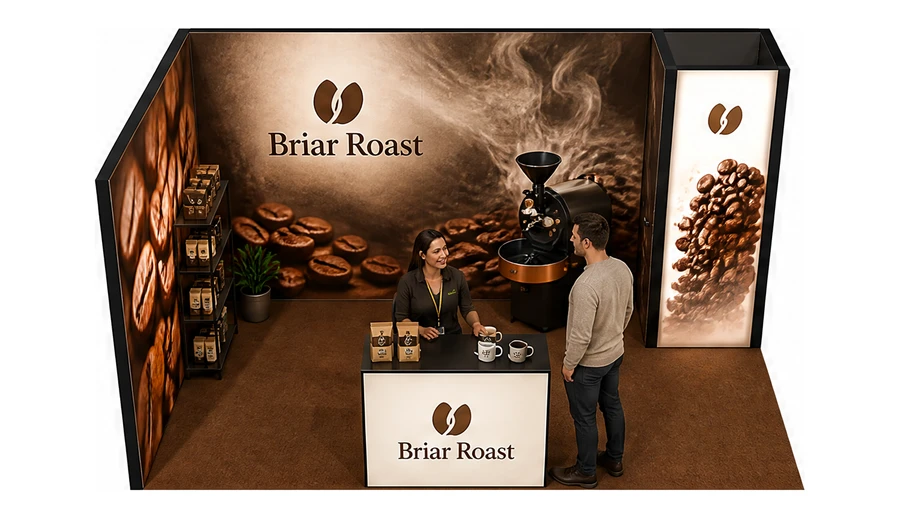 Stoisko 5 × 3 m narożne lewe dla branży palarnia kawy, przykładowa marka Briar Roast