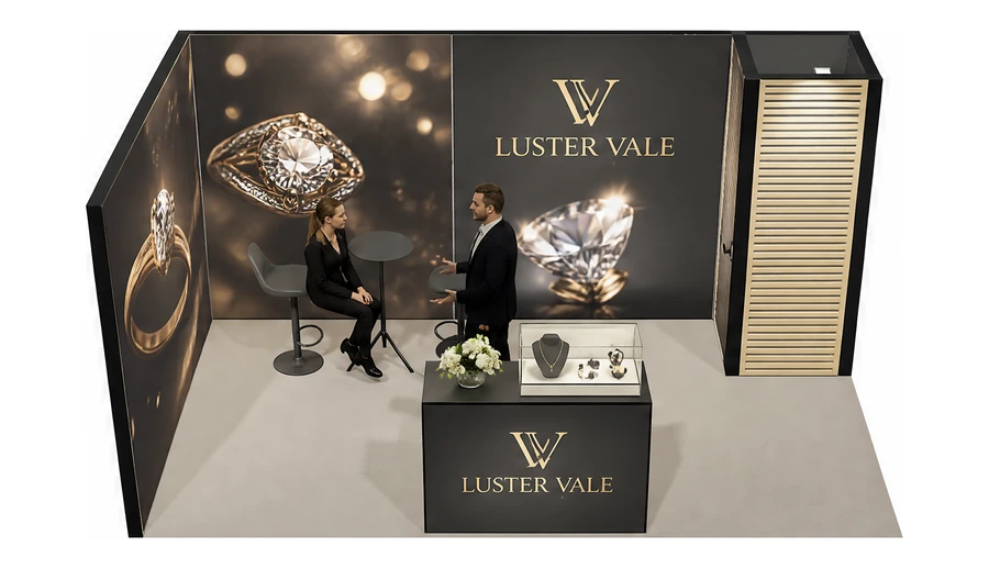Stoisko 5 × 3 m narożne lewe dla branży biżuteria, przykładowa marka Luster Vale