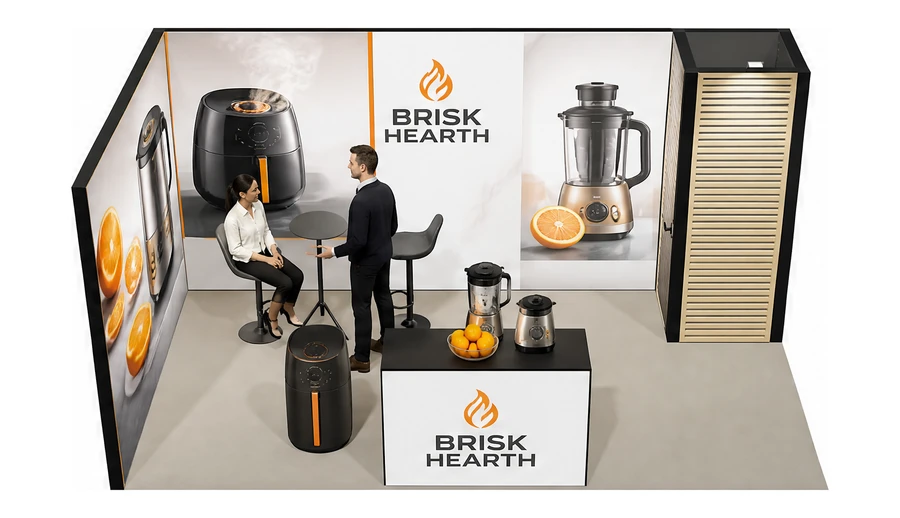 Stoisko 5 × 3 m narożne lewe dla branży sprzęt kuchenny i AGD, przykładowa marka Brisk Hearth