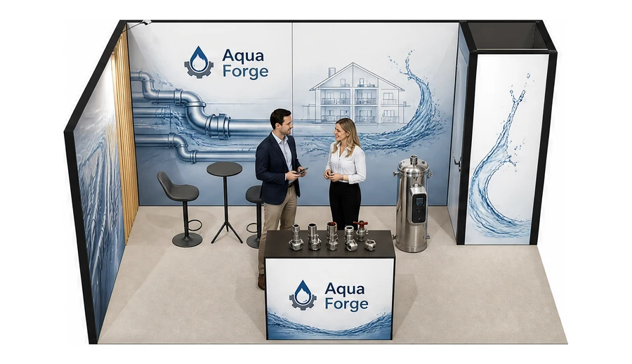Stoisko 5 × 3 m narożne lewe dla branży instalacje wodno-kanalizacyjne, przykładowa marka Aqua Forge