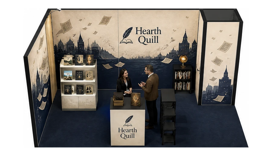 Stoisko 5 × 3 m narożne lewe dla branży wydawnictwa, przykładowa marka Hearth Quill