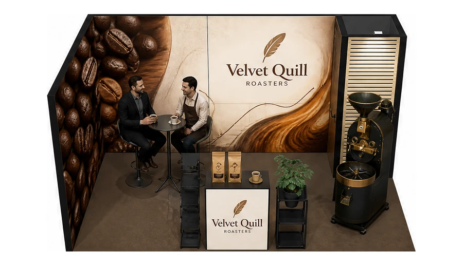 Stoisko 5 × 3 m narożne lewe dla branży palarnia kawy, przykładowa marka Velvet Quill Roasters