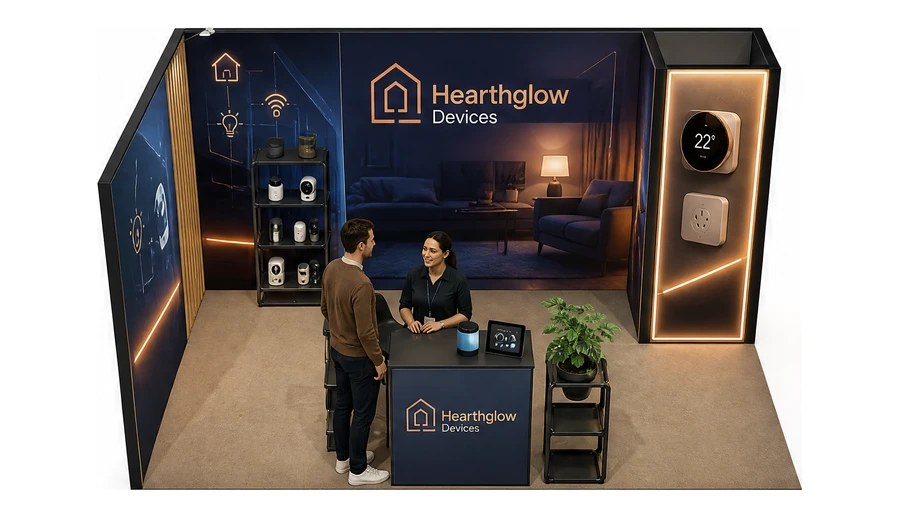 Stoisko 5 × 3 m narożne lewe dla branży smart home i IoT, przykładowa marka Hearthglow Devices