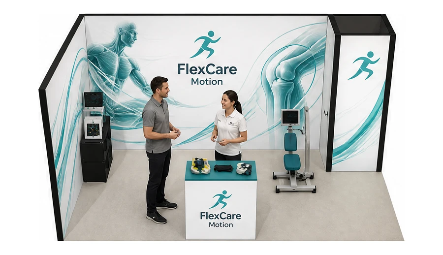 Stoisko 5 × 3 m narożne lewe dla branży rehabilitacja i fizjoterapia, przykładowa marka FlexCare Motion