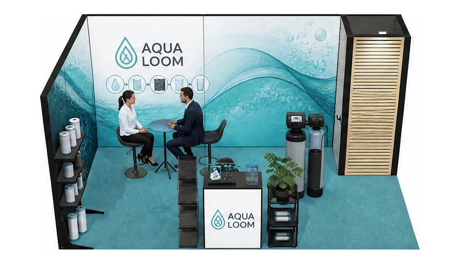 Stoisko 5 × 3 m narożne lewe dla branży technologie wodne, przykładowa marka Aqua Loom