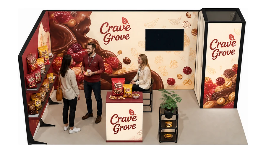 Stoisko 5 × 3 m narożne lewe dla branży słodycze i przekąski, przykładowa marka Crave Grove