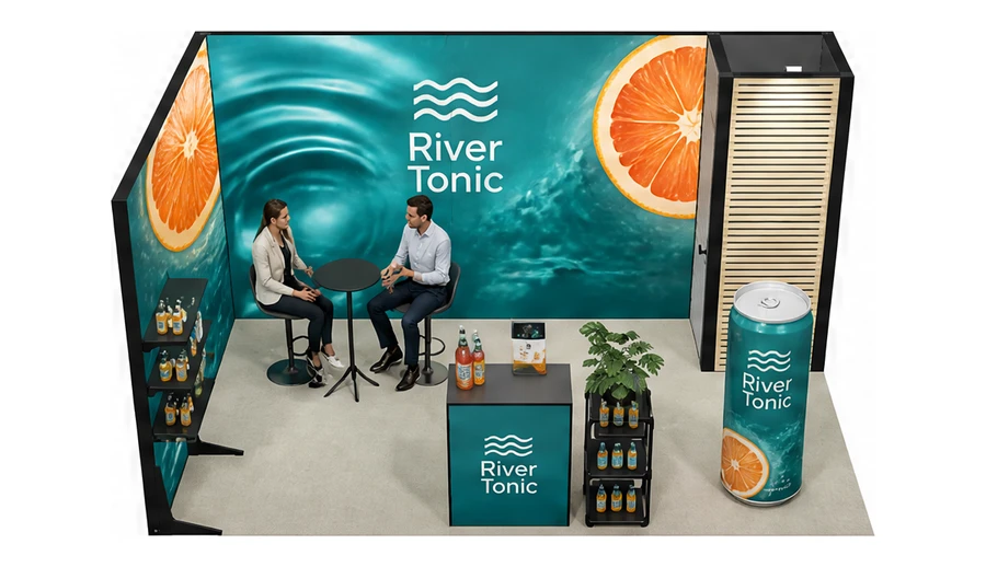 Stoisko 5 × 3 m narożne lewe dla branży napoje, przykładowa marka River Tonic