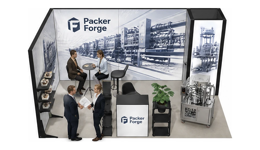 Stoisko 5 × 3 m narożne lewe dla branży maszyny pakujące, przykładowa marka Packer Forge