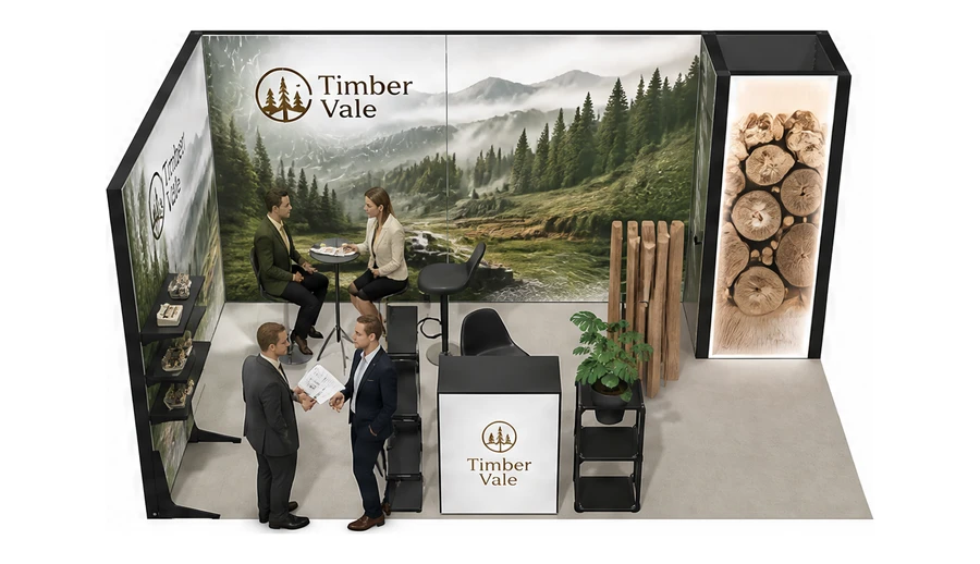 Stoisko 5 × 3 m narożne lewe dla branży leśnictwo i przemysł drzewny, przykładowa marka Timber Vale