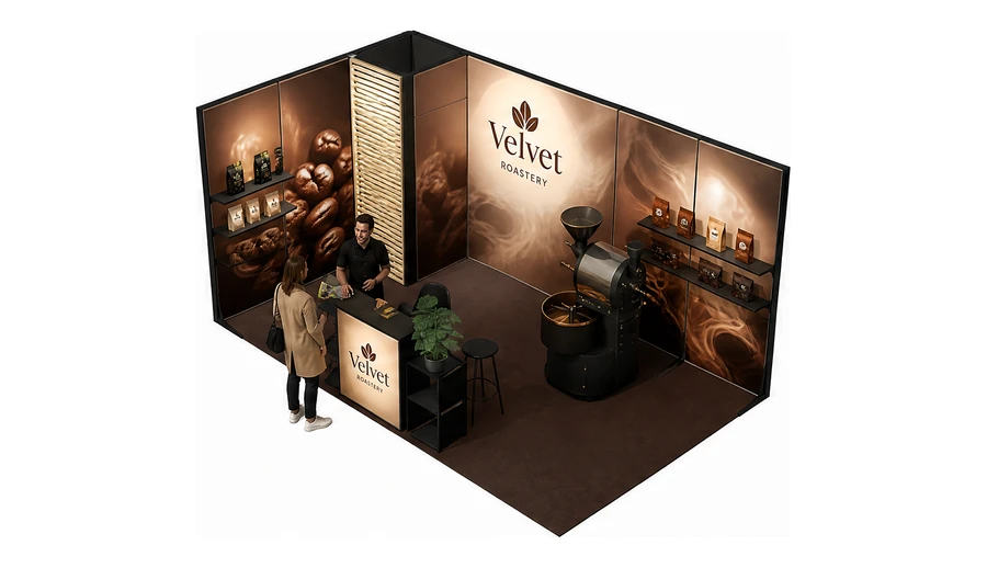 Stoisko 5 × 3 m narożne lewe dla branży palarnia kawy, przykładowa marka Velvet Roastery