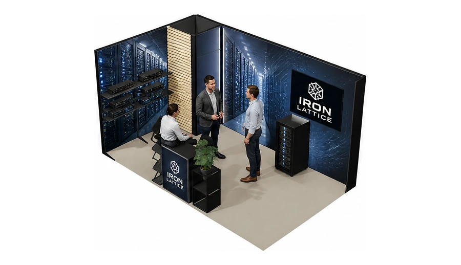Stoisko 5 × 3 m narożne lewe dla branży infrastruktura IT i data center, przykładowa marka Iron Lattice