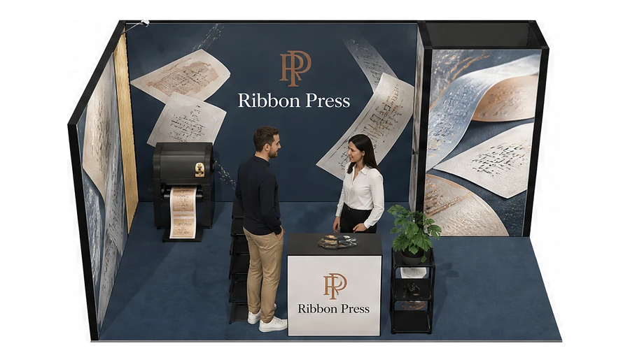Stoisko 5 × 3 m narożne lewe dla branży etykiety i poligrafia, przykładowa marka Ribbon Press