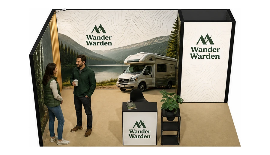 Stoisko 5 × 3 m narożne lewe dla branży caravaning i kampery, przykładowa marka Wander Warden