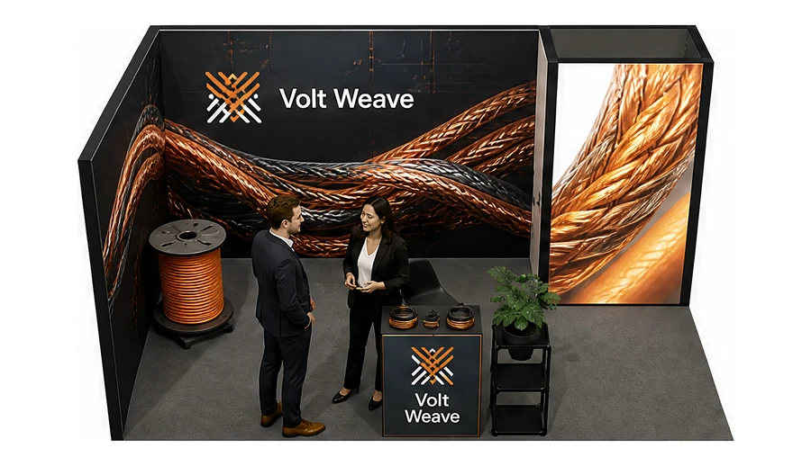 Stoisko 5 × 3 m narożne lewe dla branży kable i elektrotechnika, przykładowa marka Volt Weave