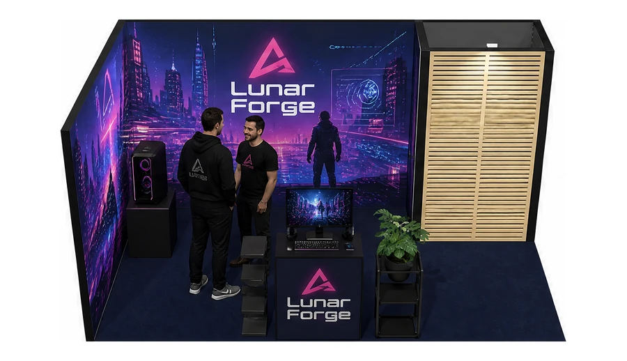 Stoisko 5 × 3 m narożne lewe dla branży gry wideo, przykładowa marka Lunar Forge