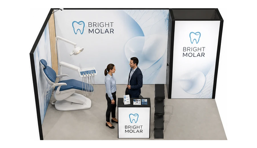 Stoisko 5 × 3 m narożne lewe dla branży stomatologia, przykładowa marka Bright Molar